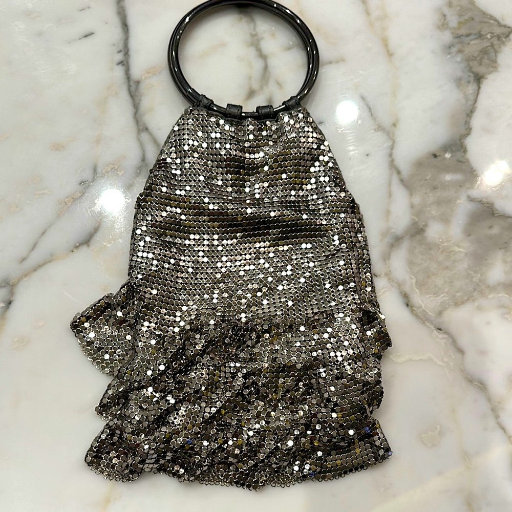 Whiting & Davis Silver Glittery Clutch with Circular Handle and Ruched Design